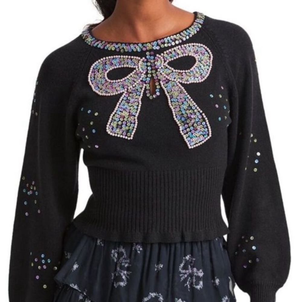 LoveShackFancy Wool Ribbon sequin doodle Sweater xl holiday black wool